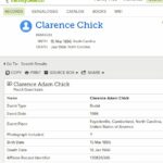 "Find A Grave Index," database, FamilySearch (https://familysearch.org/ark:/61903/1:1:QVG1-D71Q : 13 December 2015), Clarence Adam Chick, 1966; Burial, Fayetteville, Cumberland, North Carolina, United States of America, Rockfish Memorial Park; citing record ID 130826346, Find a Grave, http://www.findagrave.com.