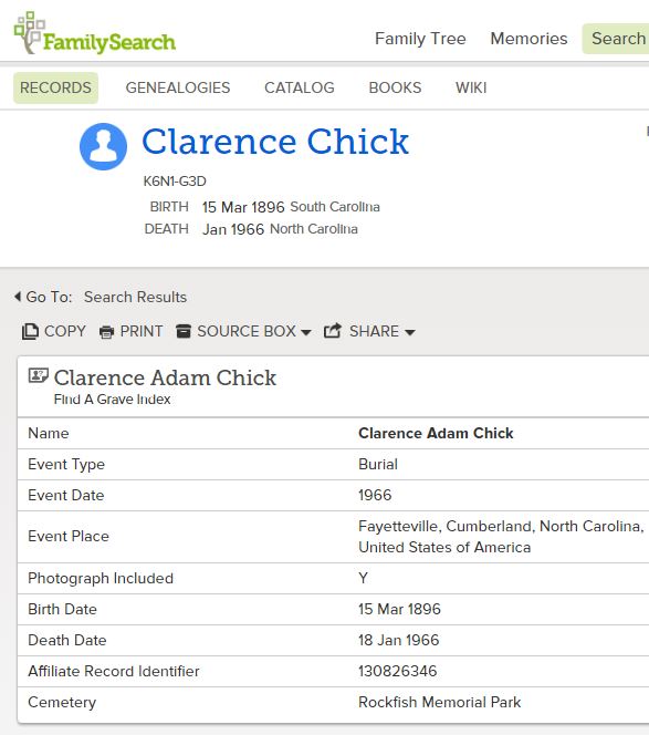 Clarence Chick FindAGrave