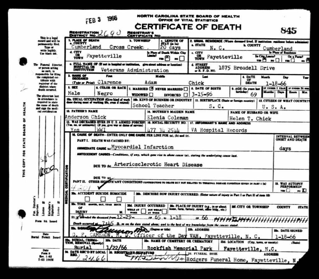Clarence Adam Chick Death Certificate