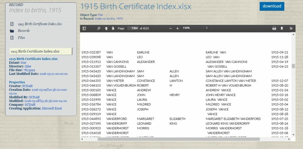 SCERA Birth Certificate Index