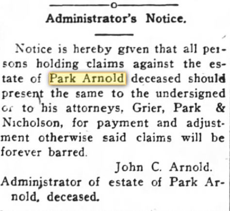 Administrators Notice for Estate of Park Arnold