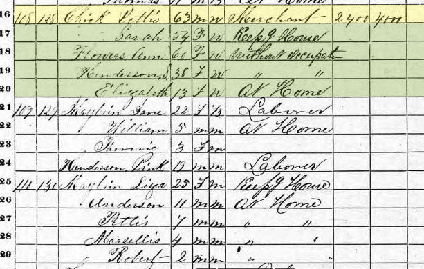  1870 Census - Pettus and Sara Chick. Liza Maybin, and son, Anderson Maybin