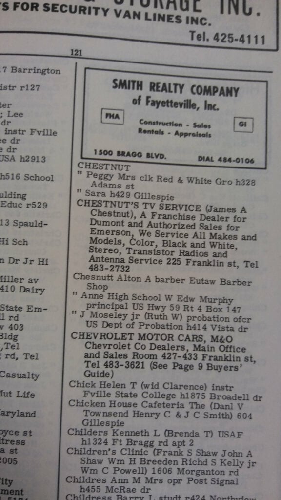 Helen Chick in 1966 Fayetteville, NC City Directory