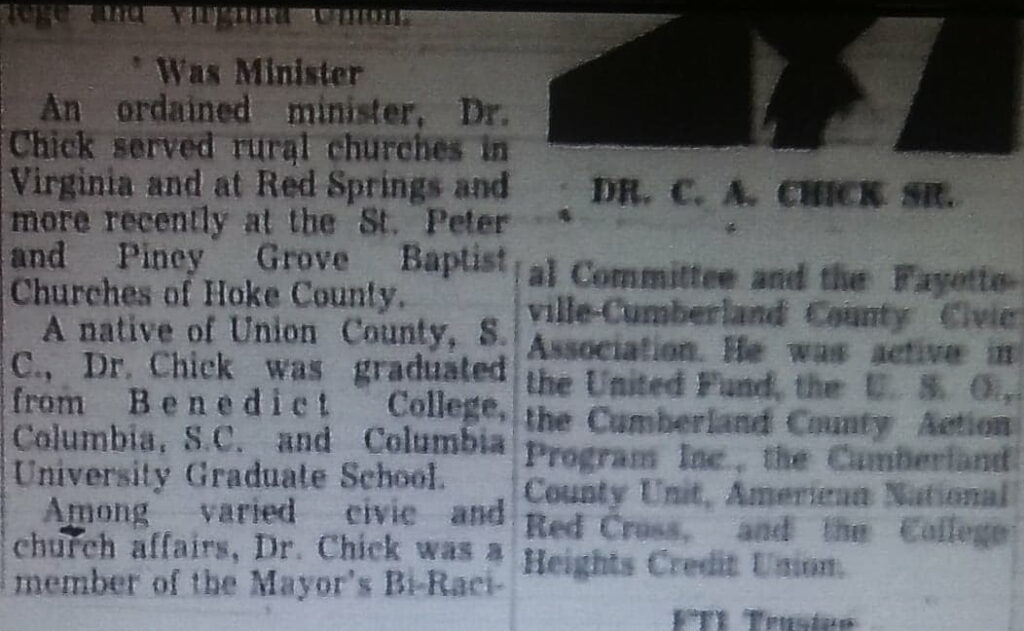 1966, January 19, “Dr. Chick, Retired Professor, Dies Here,” The Fayetteville Observer