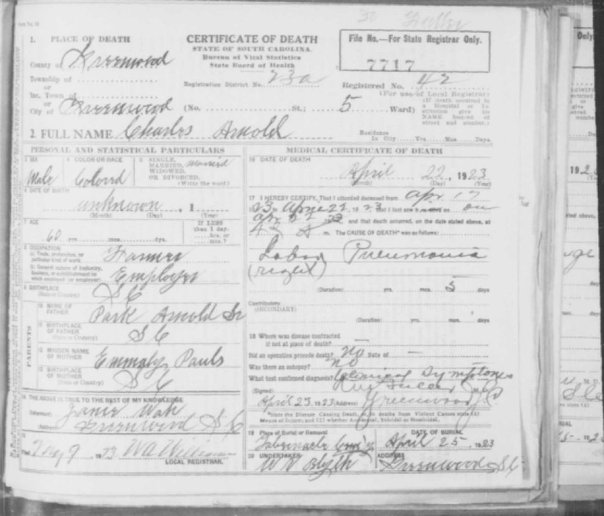 Death Certificate for Charles Arnold