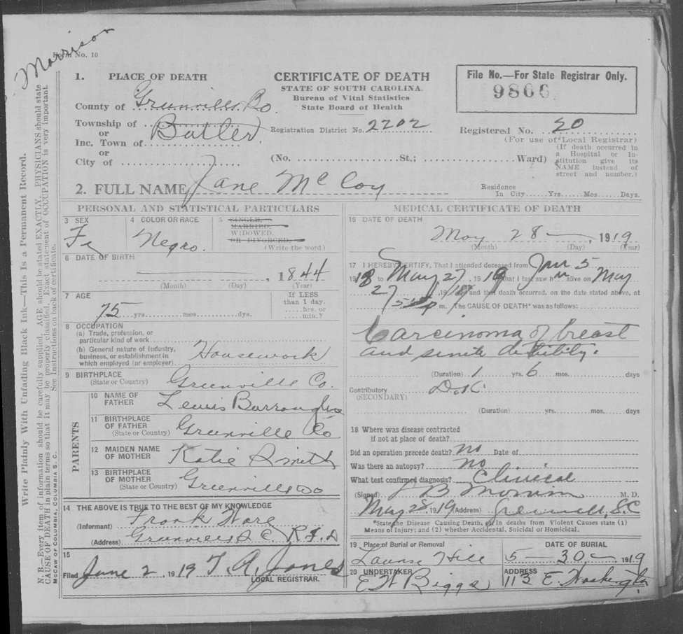 Death Certificate, Jane McCoy