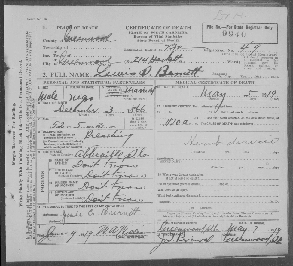Death Certificate Rev. L.S. Burnett