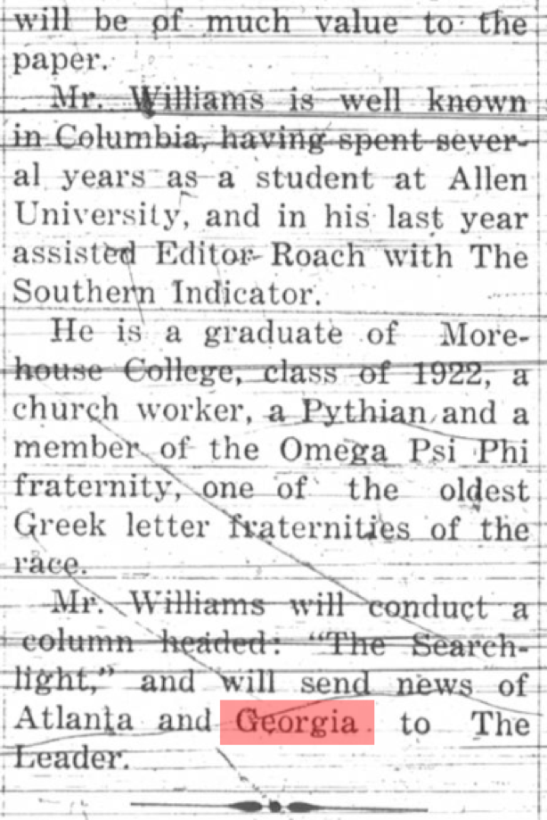 W. Frank Williams, Writes for Leader, (The Palmetto Leader), Columbia, South Carolina, 10 January 1925, Page 2, Column 2, , Historic Newspapers of South Carolina, http://historicnewspapers.sc.edu