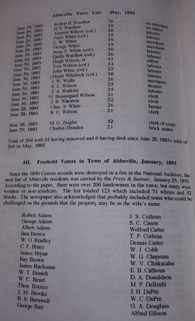 “Census of Abbeville Village and Abbeville Voter List May 1885,” compiled by Lowry Ware, page 38. Photo Robin Foster.