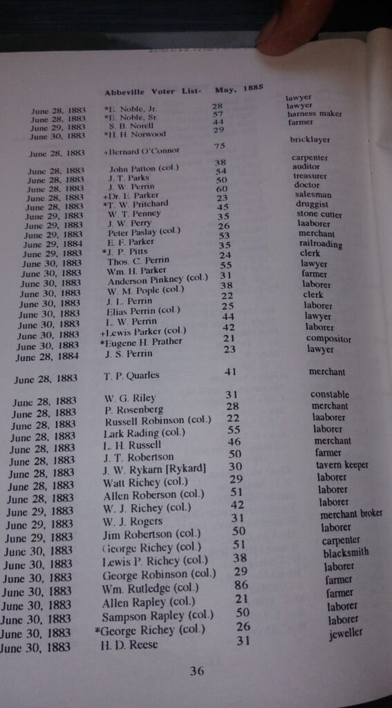 “Census of Abbeville Village and Abbeville Voter List May 1885,” compiled by Lowry Ware, page 36. Photo Robin Foster. 