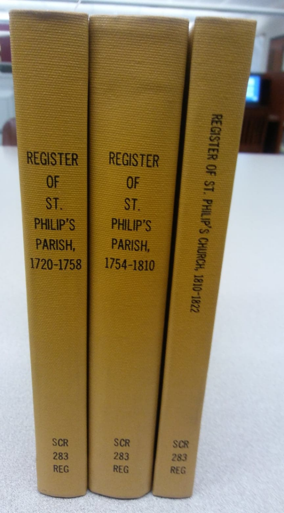 Register of St. Philip’s Parish, 1720-1758, Register of St. Philip’s Parish, 1754-1810, and Register of St. Philip’s Church, 1810-1822. Photo by Robin R. Foster.