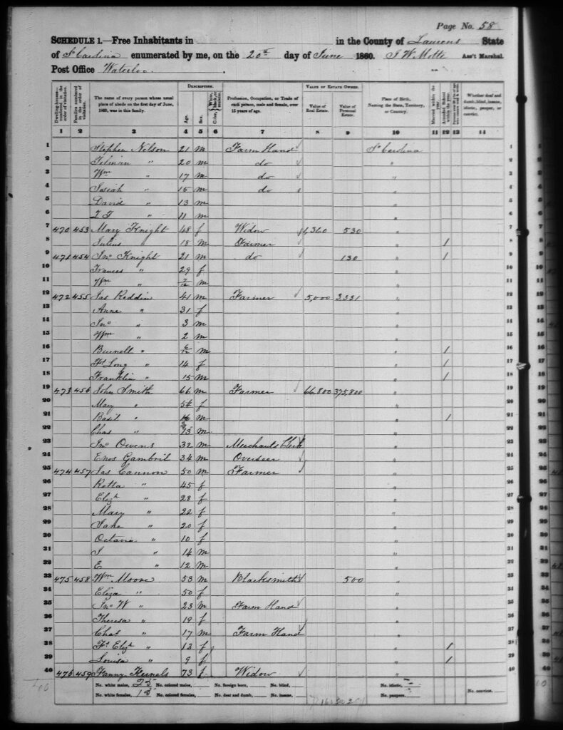 "United States Census, 1860," database with images, FamilySearch (https://familysearch.org/ark:/61903/3:1:33S7-9BSD-JPH?cc=1473181&wc=7QMS-CV8%3A1589435701%2C1589424899%2C1589422206 : 24 March 2017), South Carolina > Laurens > Not Stated > image 46 of 254; from "1860 U.S. Federal Census – Population," database, Fold3.com (http://www.fold3.com : n.d.); citing NARA microfilm publication M653 (Washington, D.C.: National Archives and Records Administration, n.d.). ” class=”wp-image-211730″/><figcaption>“United States Census, 1860,” database with images, FamilySearch (https://familysearch.org/ark:/61903/3:1:33S7-9BSD-JPH?cc=1473181&wc=7QMS-CV8%3A1589435701%2C1589424899%2C1589422206 : 24 March 2017), South Carolina > Laurens > Not Stated > image 46 of 254; from “1860 U.S. Federal Census – Population,” database, Fold3.com (http://www.fold3.com : n.d.); citing NARA microfilm publication M653 (Washington, D.C.: National Archives and Records Administration, n.d.). </figcaption></figure>



<p>In 1870, Basil Smith, the youngest son of John Skinner Smith, was the only man at home. Three doors down from him lived Henry Smith, a black, and Mary Smith, a white. This is Henry and Mary Smith. </p>



<figure class=