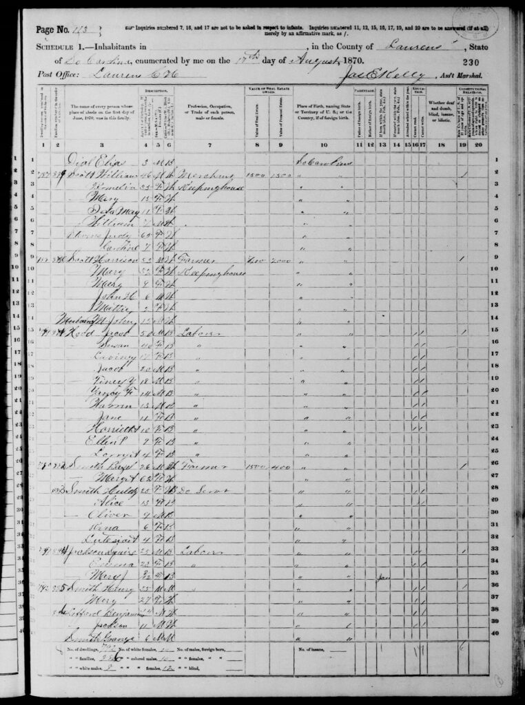 "United States Census, 1870," database with images, FamilySearch (https://familysearch.org/ark:/61903/3:1:S3HT-6Q39-5FN?cc=1438024&wc=92K7-YWY%3A518655201%2C519281601%2C519293701 : 22 May 2014), South Carolina > Laurens > Laurens County > image 113 of 168; citing NARA microfilm publication M593 (Washington, D.C.: National Archives and Records Administration, n.d.).” class=”wp-image-211732″><figcaption>“United States Census, 1870,” database with images, FamilySearch (https://familysearch.org/ark:/61903/3:1:S3HT-6Q39-5FN?cc=1438024&wc=92K7-YWY%3A518655201%2C519281601%2C519293701 : 22 May 2014), South Carolina > Laurens > Laurens County > image 113 of 168; citing NARA microfilm publication M593 (Washington, D.C.: National Archives and Records Administration, n.d.).</figcaption></figure>
<br clear=