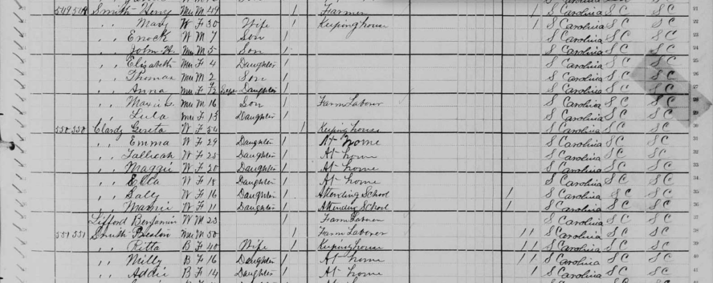 "United States Census, 1880," database with images, FamilySearch (https://familysearch.org/ark:/61903/3:1:33S7-9YB4-22M?cc=1417683&wc=QZ27-KSX%3A1589414013%2C1589400461%2C1589395045%2C1589395980 : 24 December 2015), South Carolina > Laurens > Waterloo > ED 106 > image 63 of 81; citing NARA microfilm publication T9 (Washington, D.C.: National Archives and Records Administration, n.d.).” class=”wp-image-211813″><figcaption>“United States Census, 1880,” database with images, FamilySearch (https://familysearch.org/ark:/61903/3:1:33S7-9YB4-22M?cc=1417683&wc=QZ27-KSX%3A1589414013%2C1589400461%2C1589395045%2C1589395980 : 24 December 2015), South Carolina > Laurens > Waterloo > ED 106 > image 63 of 81; citing NARA microfilm publication T9 (Washington, D.C.: National Archives and Records Administration, n.d.).
</figcaption></figure><br clear=