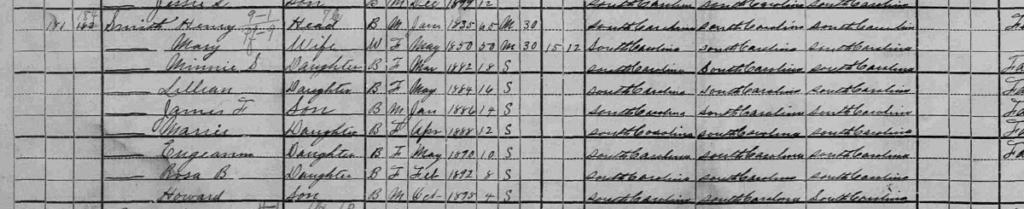 "United States Census, 1900," database with images, FamilySearch (https://familysearch.org/ark:/61903/3:1:S3HT-67KW-39D?cc=1325221&wc=9B77-VZP%3A1030550901%2C1032752401%2C1032803701 : 5 August 2014), South Carolina > Laurens > ED 61 Waterloo Township (west part) > image 20 of 38; citing NARA microfilm publication T623 (Washington, D.C.: National Archives and Records Administration, n.d.).” class=”wp-image-211814″><figcaption>“United States Census, 1900,” database with images, FamilySearch (https://familysearch.org/ark:/61903/3:1:S3HT-67KW-39D?cc=1325221&wc=9B77-VZP%3A1030550901%2C1032752401%2C1032803701 : 5 August 2014), South Carolina > Laurens > ED 61 Waterloo Township (west part) > image 20 of 38; citing NARA microfilm publication T623 (Washington, D.C.: National Archives and Records Administration, n.d.).
</figcaption></figure><br clear=