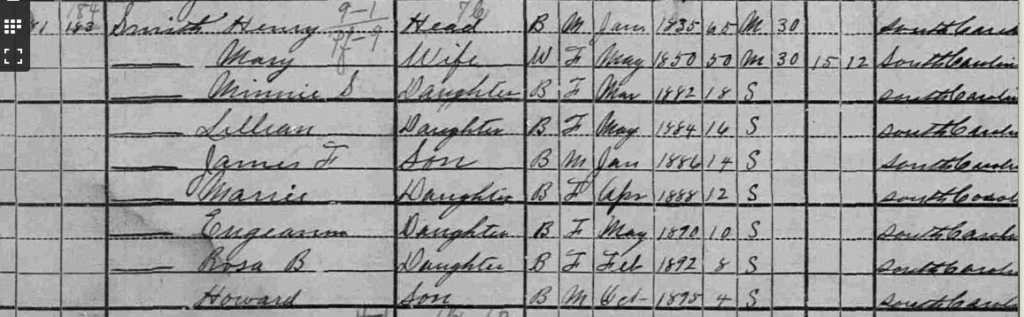 "United States Census, 1900," database with images, FamilySearch (https://familysearch.org/ark:/61903/3:1:S3HT-67KW-39D?cc=1325221&wc=9B77-VZP%3A1030550901%2C1032752401%2C1032803701 : 5 August 2014), South Carolina > Laurens > ED 61 Waterloo Township (west part) > image 20 of 38; citing NARA microfilm publication T623 (Washington, D.C.: National Archives and Records Administration, n.d.).” class=”wp-image-211852″/><figcaption>“United States Census, 1900,” database with images, FamilySearch (https://familysearch.org/ark:/61903/3:1:S3HT-67KW-39D?cc=1325221&wc=9B77-VZP%3A1030550901%2C1032752401%2C1032803701 : 5 August 2014), South Carolina > Laurens > ED 61 Waterloo Township (west part) > image 20 of 38; citing NARA microfilm publication T623 (Washington, D.C.: National Archives and Records Administration, n.d.).
</figcaption></figure><br clear=