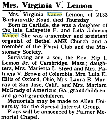 Lemon, Mrs. Virginia V., The State, Columbia, South Carolina, 9 August 1986, page 8, column 4