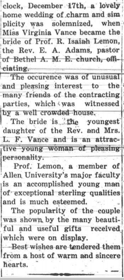 Vance-Lemon Nuptials, The Palmetto Leader, Columbia, South Carolina, 26 December 1925, page 7, column 1-2