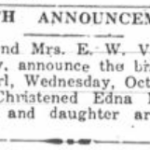 Vance, Edna Lucinda Birth Announcement, The Palmetto Leader, Columbia, South Carolina, 15 October 1938, page 1, column 2.