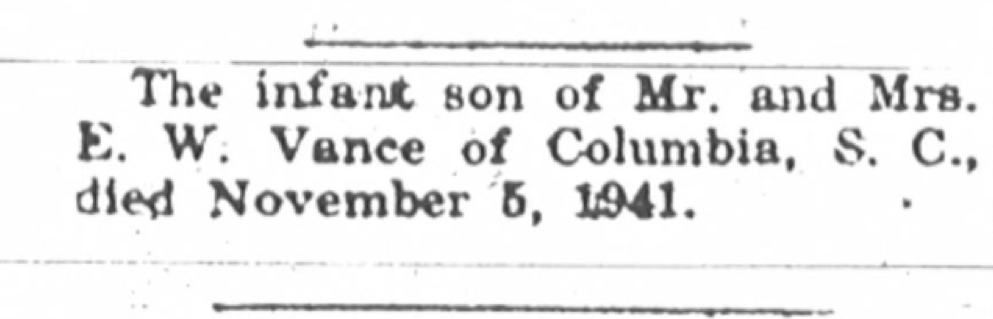 Vance, Mr. and Mrs. E. W., The Palmetto Leader, Columbia, South Carolina, 15 November 1941, page 7, column 1