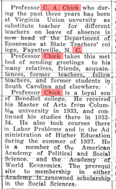 C. A. Chick or Clarence Anderson Chick, The Palmetto Leader, Columbia, South Carolina, 24 December 1938, page 3, column 3