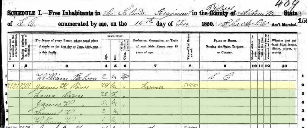 James K. Vance, 1850 U.S. Census