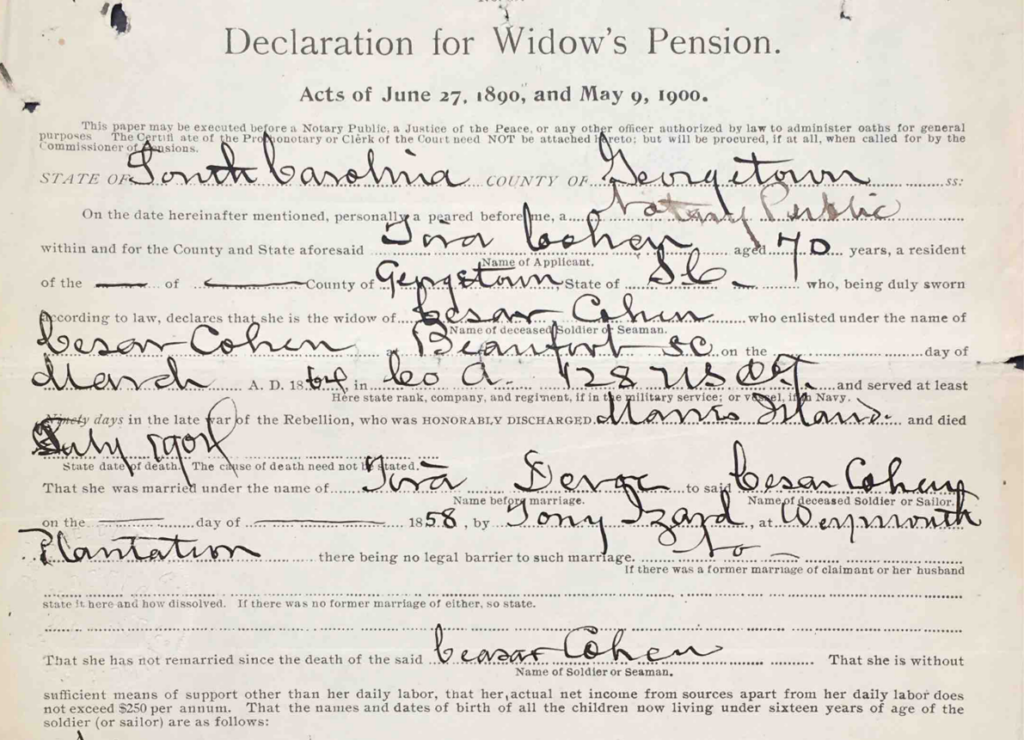 Detail from Declaration for Widow's Pension Acts of 1890 and 1900, Tira Cohen, Pension File of Caesar Cohen, Application #1119283.
