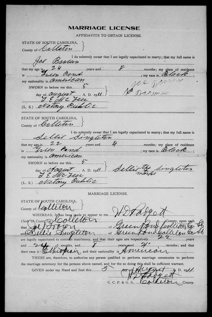 Sample Image, Colleton County, South Carolina Marriage Licenses, 1911-1951