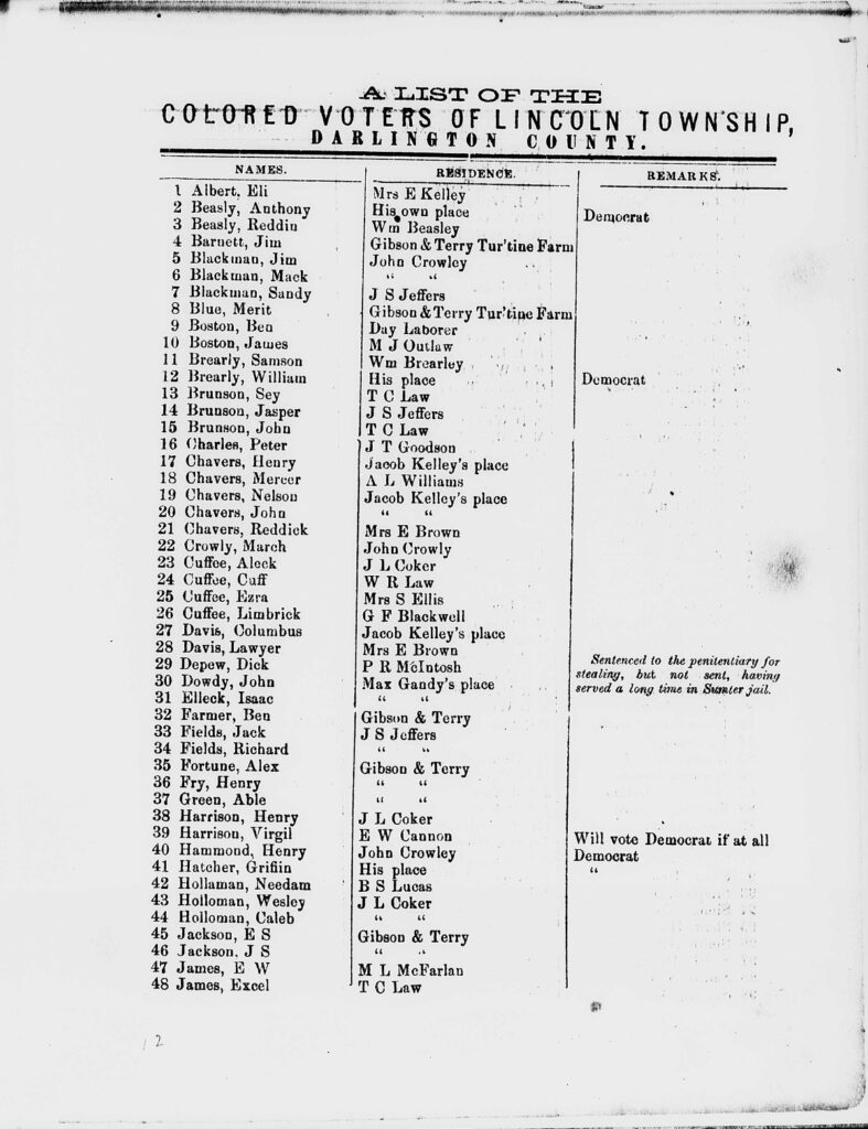 Darlington County list of voters about 1876