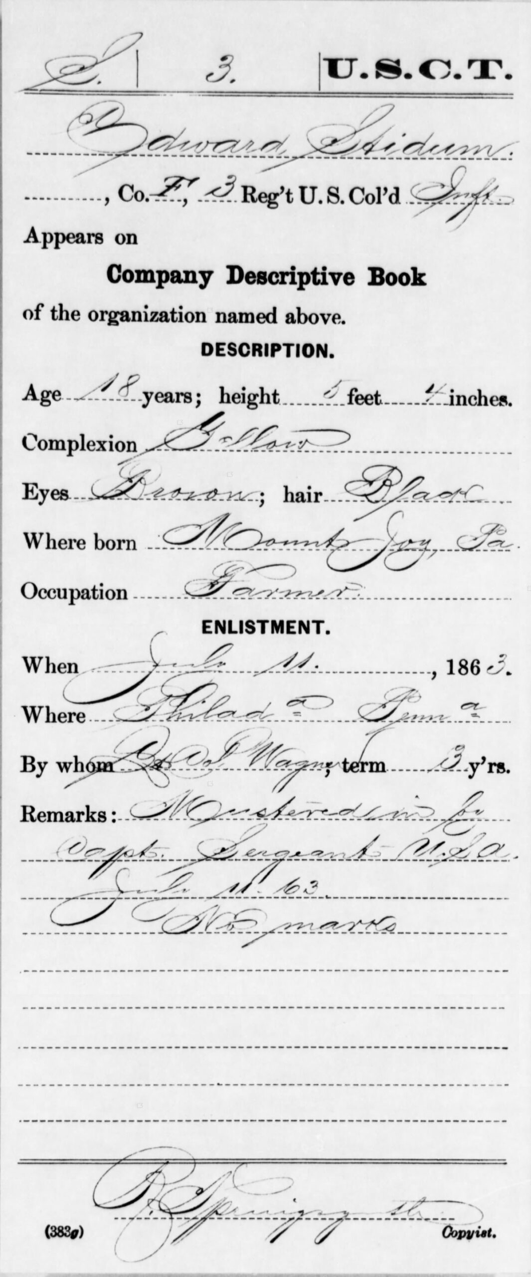 Civil War Service Record for Edward Stidum, Company F, 3rd USCT