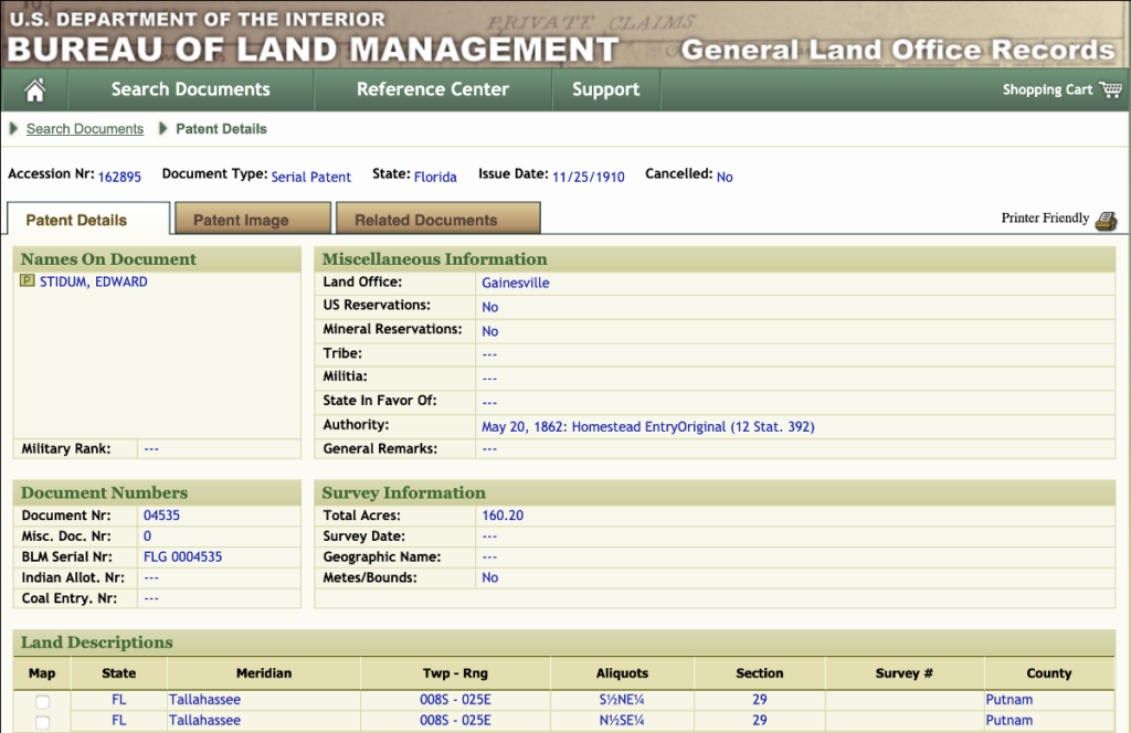 Land Patent Details, Edward Stidum in Florida