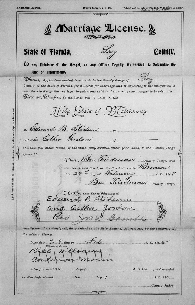 Marriage License, Edward Stidum and Esther Gordon, Levy County, Florida, 1908.