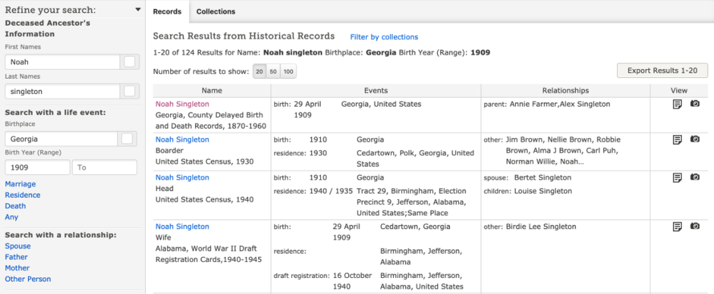 FamilySearch Search Results for Noah Singleton b. 1909 in Georgia