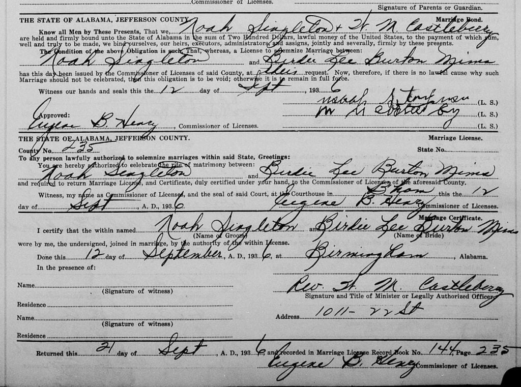 Noah Singleton inAlabama County Marriages, 1809-1950