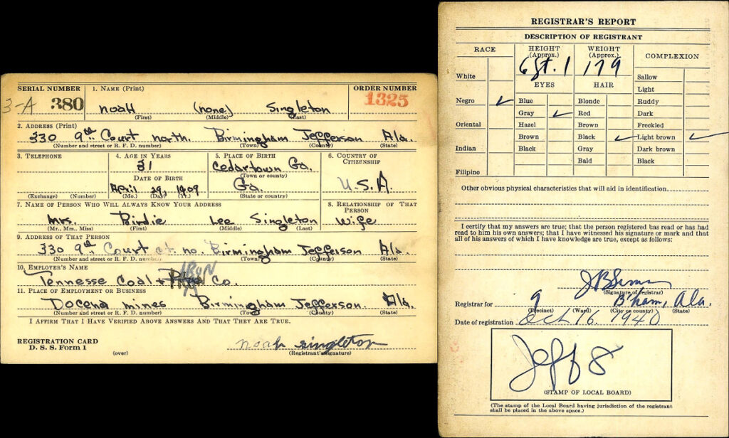 Noah Singleton in World War II Draft Registrations