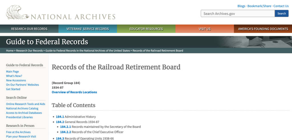 National Archives and Records Administration, Guide to Federal Records, Overview of RG 184, Records of the Railroad Retirement Board