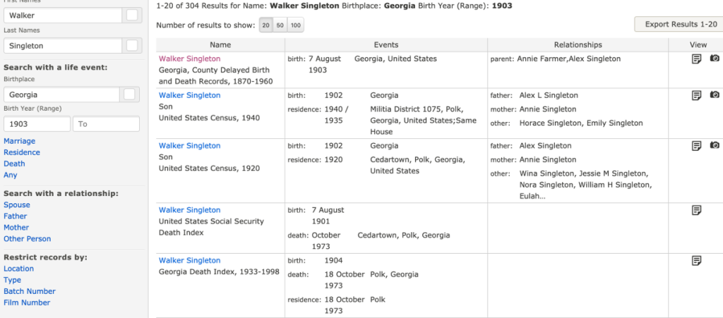 Search Results for Walker Singleton b. 1903 in Georgia