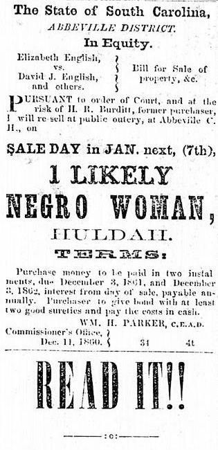 Sale of Hulda, Enslaved