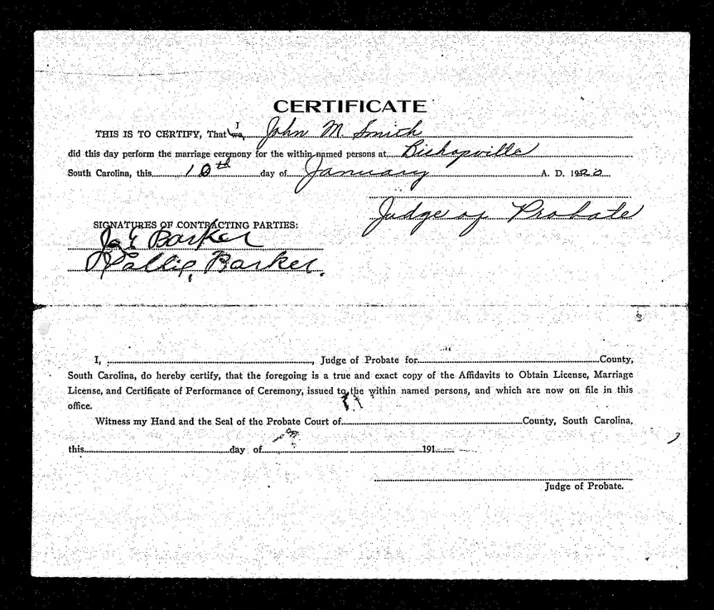 Lee County SC Marriage Certificate