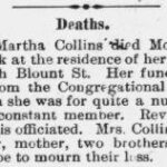 Martha Collins Obit Death Notices Raleigh Gazette Nov 31 1896