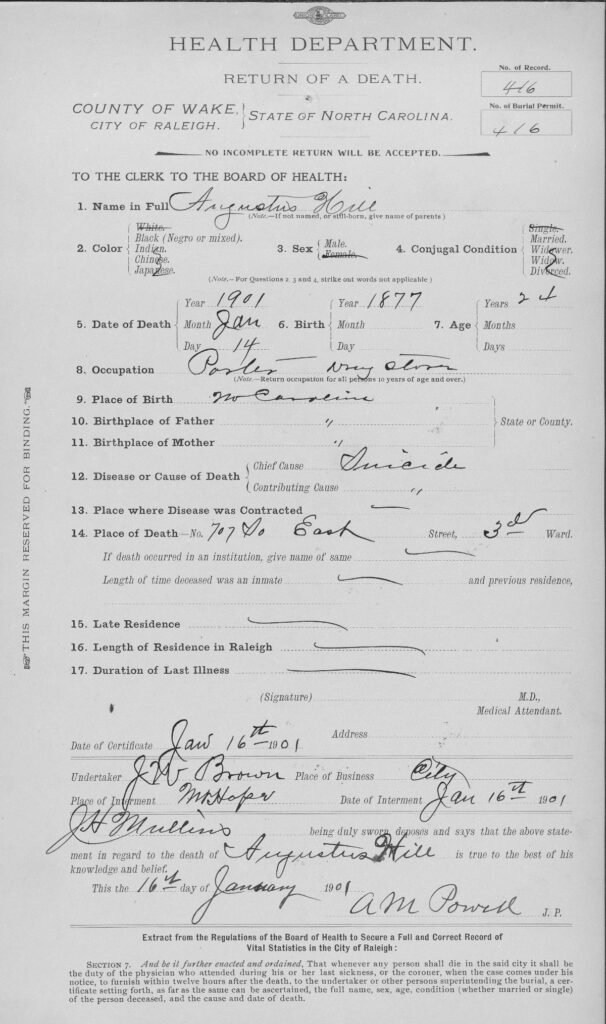 North Carolina Hill Augustus Death Certificate