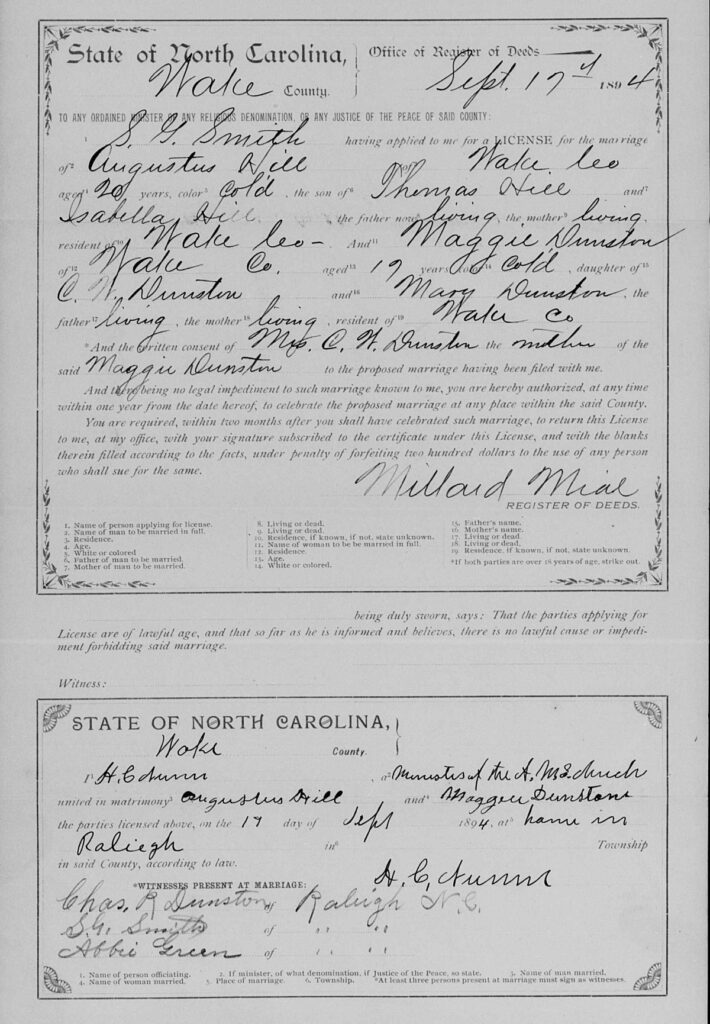 North Carolina Hill Augustus Marriage Record