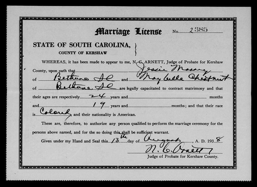 Kershaw County, South Carolina Marriage Licenses, Aug. 1938-Dec. 1950