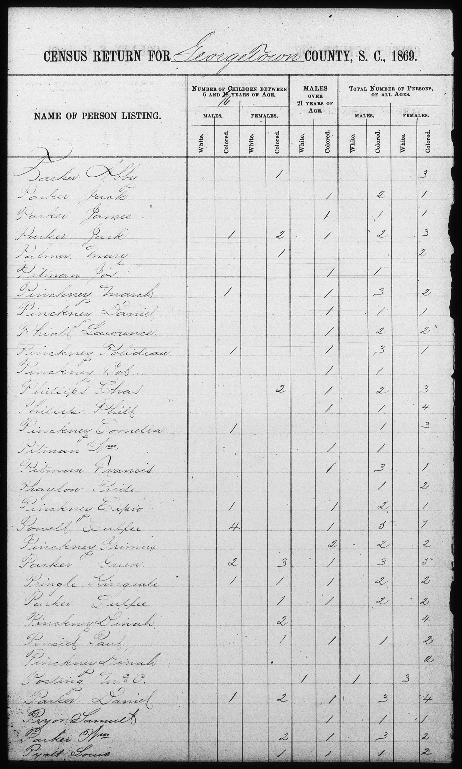 Kingsale Pringle, 1869 South Carolina State Census