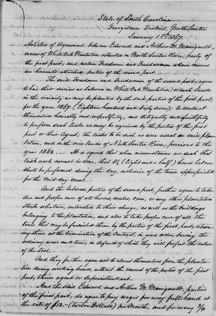 Freedmen's Labor Contract, Kingsale and Bella Pringle with Edward and Arthur M. Manigault