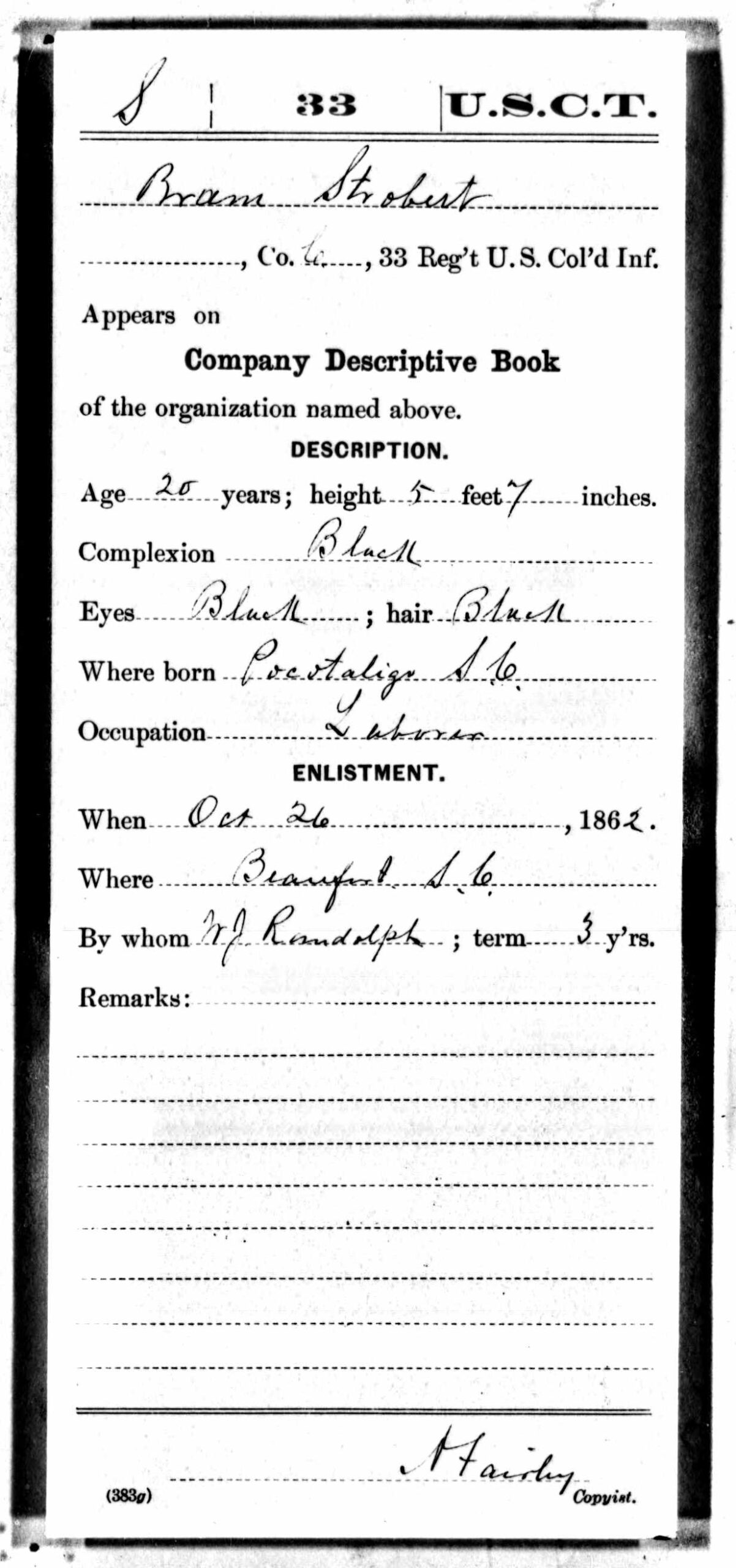 Strobert Bram Compiled Civil War Service Record