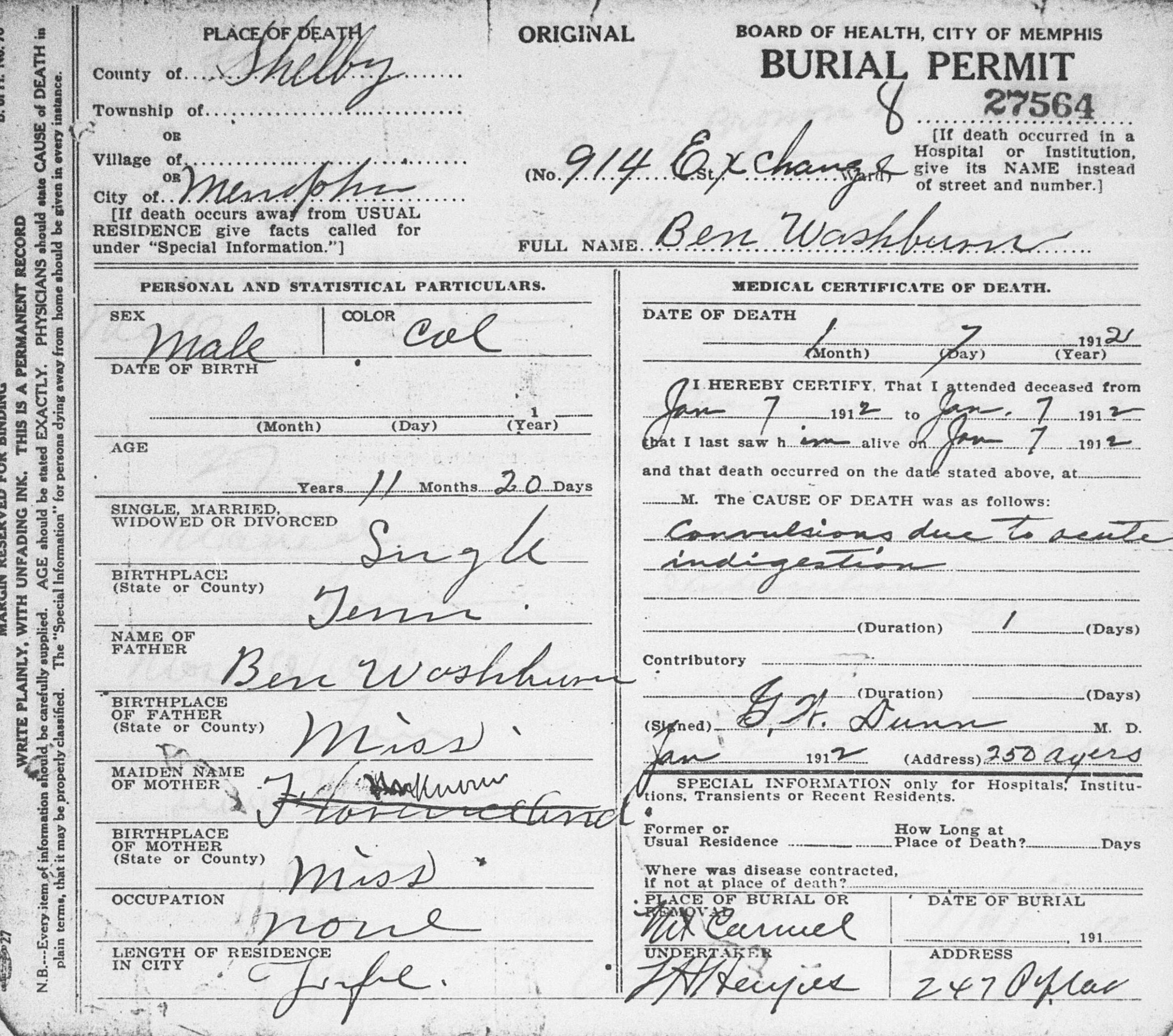 Example, 1912 Death Certificate