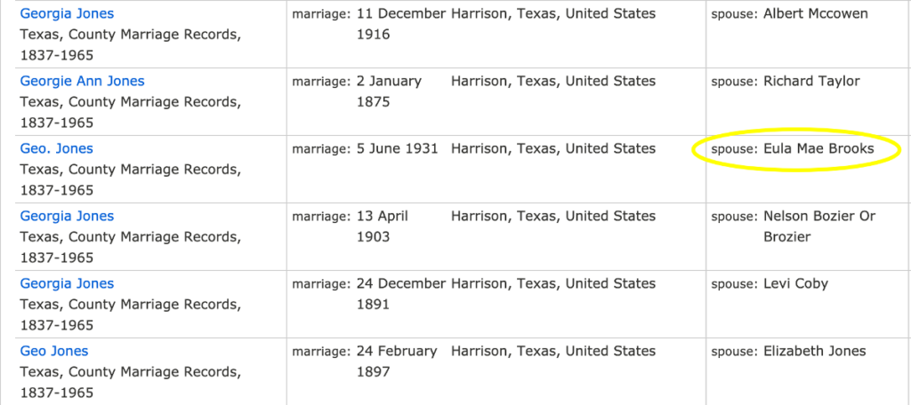 Search Results for George Jones in Texas, County Marriage Records, 1837-1965