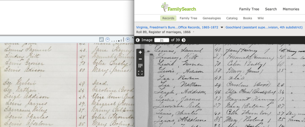 Line by Line Comparison, Freedmen's Bureau Marriage Registers and Virginia Cohabitation Registers