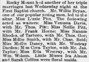 Willie Bryan and Lizzie Pitt Marriage Notice Rocky Mount NC